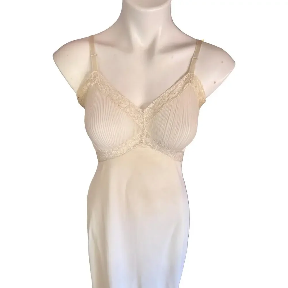 Vintage 1950s Ivory Crystal Pleated Full Slip Lace Trim Bodice Micro-Pleat Hem S